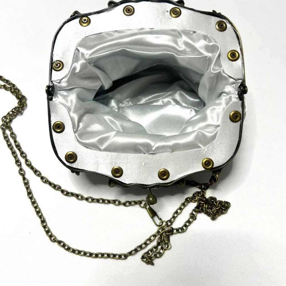 Vintage Style Purse White Satin Embroidered Small Purse With Brass Frame & Chain